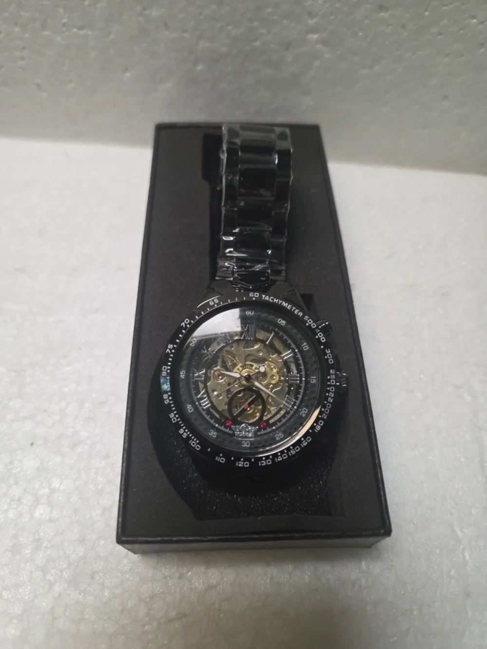 WINNER Black Skeleton Mechanical Watch with Tachymeter Bezel
